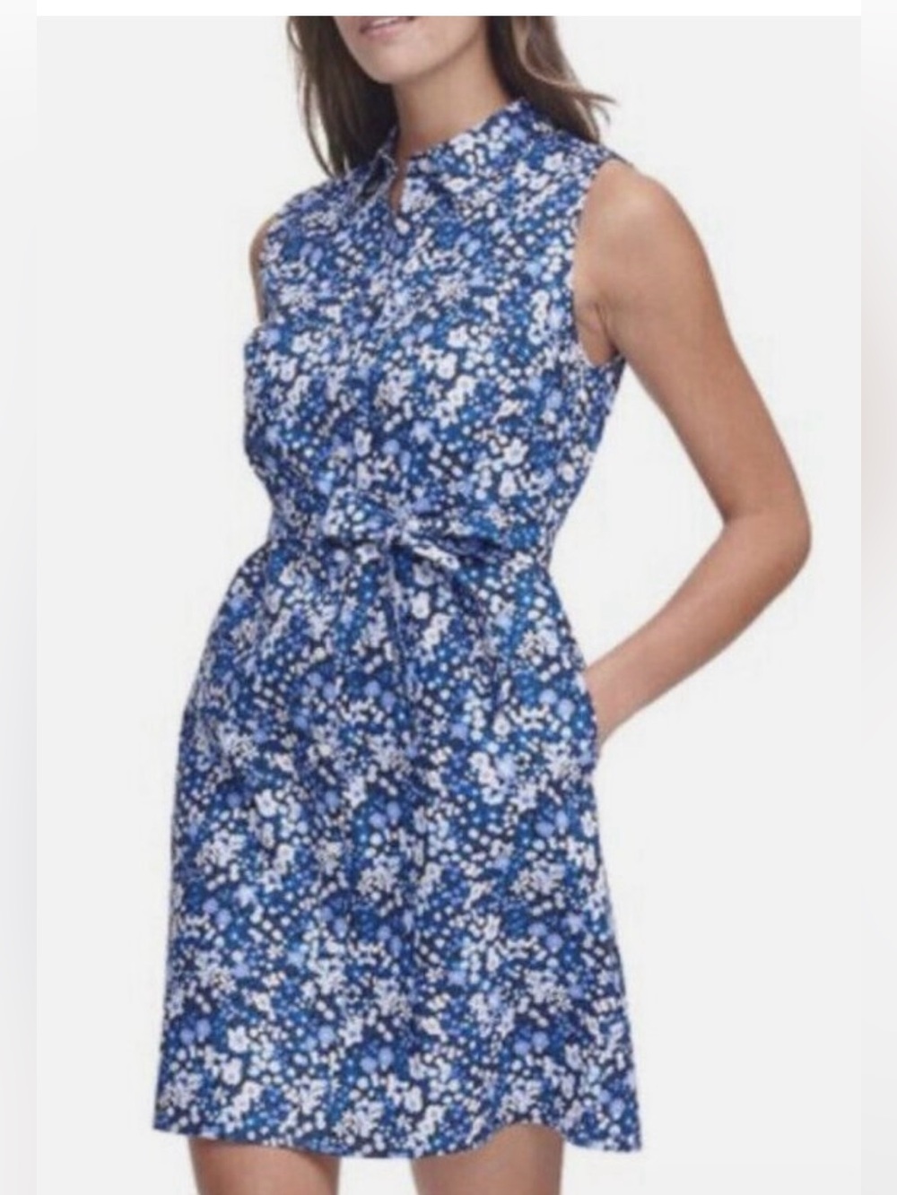 Tommy Hilfiger White Blue Floral Shirt Sleeveless Dress 10